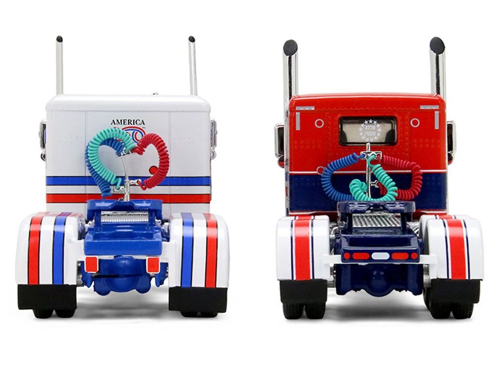 Peterbilt 589 with 44" Flat Top Sleeper Red with Blue Stripes and Fontaine Renegade LXT40 Lowboy Trailer with Peterbilt 359 Load White with Blue and Red Stripes "America 250" 1/64 Diecast Model by DCP/First Gear view 4