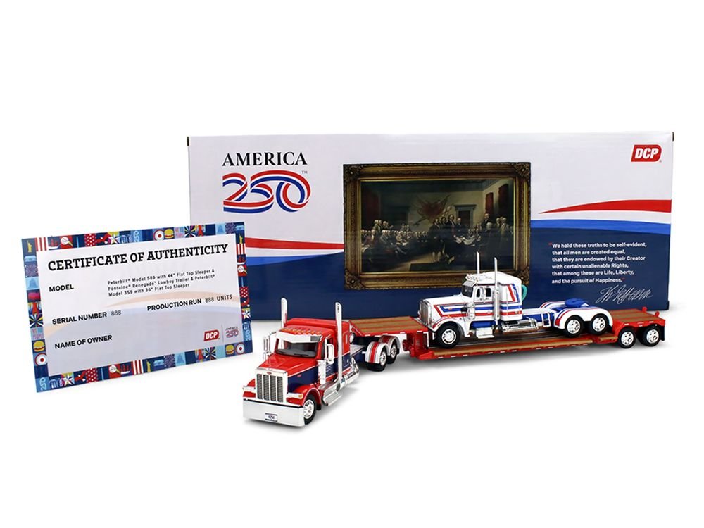 Peterbilt 589 with 44" Flat Top Sleeper Red with Blue Stripes and Fontaine Renegade LXT40 Lowboy Trailer with Peterbilt 359 Load White with Blue and Red Stripes "America 250" 1/64 Diecast Model by DCP/First Gear view 5