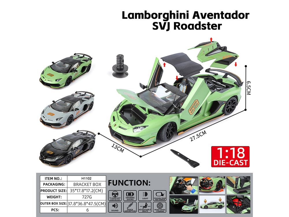 Lamborghini Aventador SVJ Roadster Green Metallic with Carbon Top and Gold Accents 1/18 Diecast Model Car by Heimanba view 3