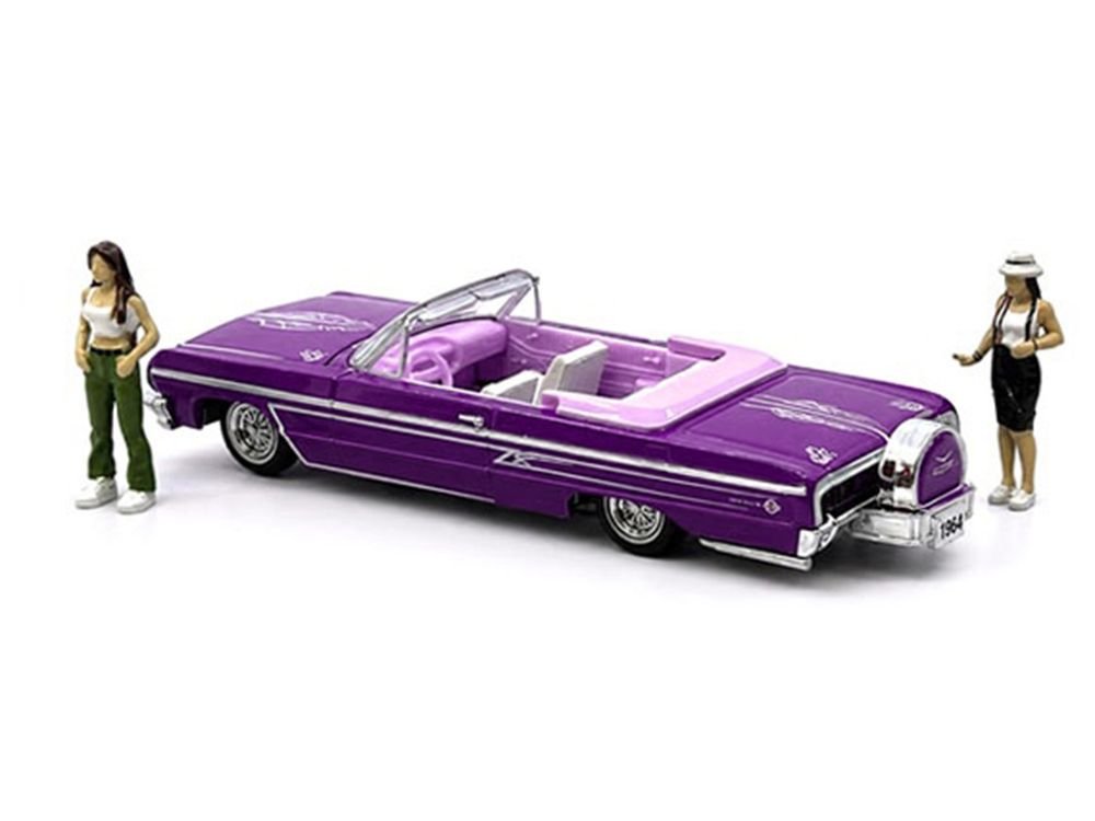 1964 Chevrolet Impala SS 409 Convertible Purple Metallic with Purple and White Interior with 2 Figures Limited Edition to 4950 pieces Worldwide 1/64 Diecast Models by M2 Machines view 2