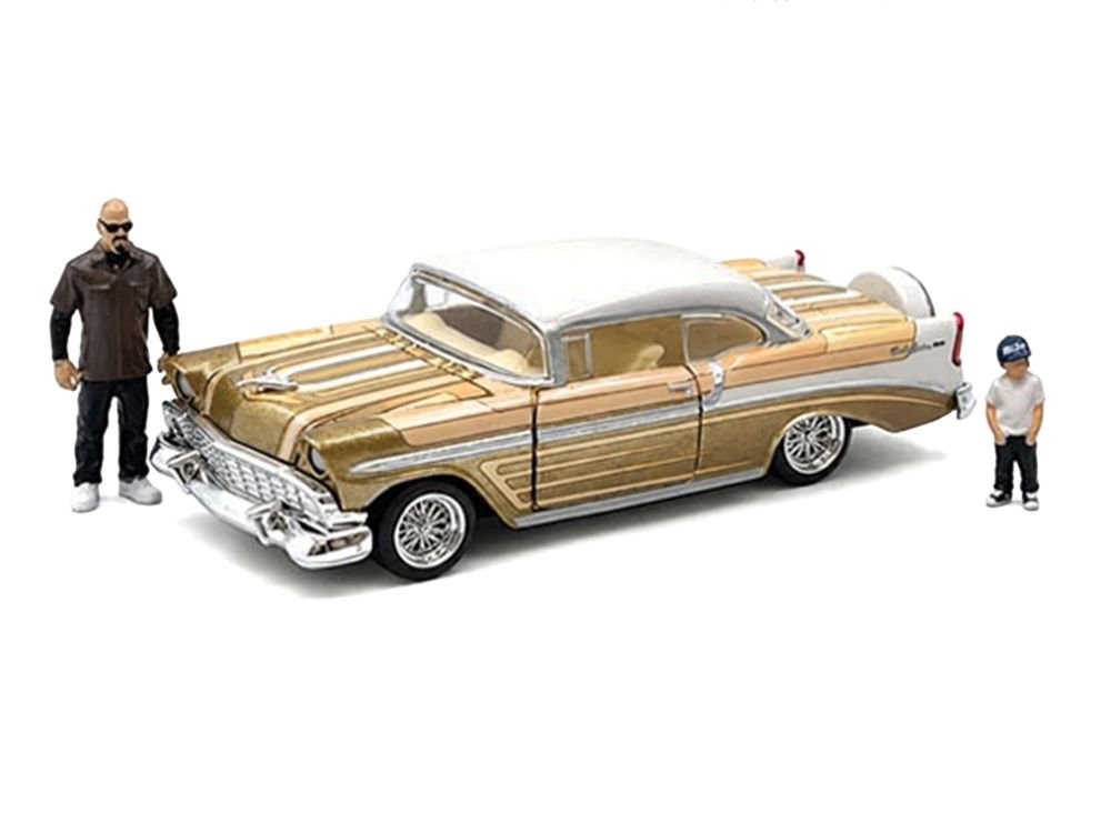 1956 Chevrolet Bel Air Lowrider Gold Metallic with Gold Interior and White Top with 2 Figures Limited Edition to 4400 pieces Worldwide 1/64 Diecast Model Car by M2 Machines view 2