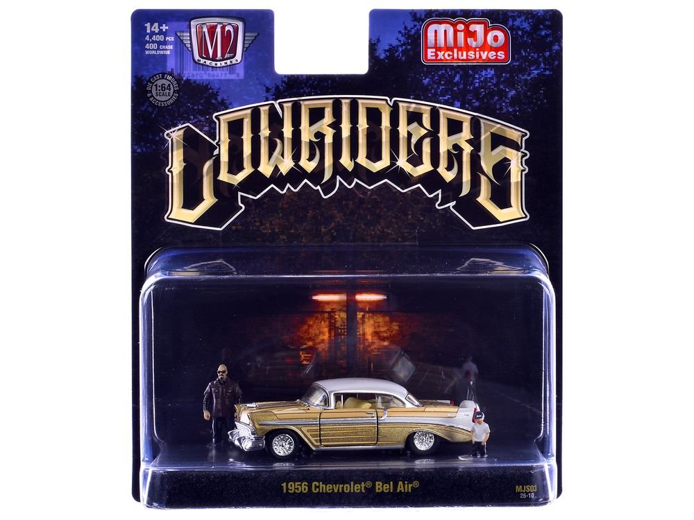 1956 Chevrolet Bel Air Lowrider Gold Metallic with Gold Interior and White Top with 2 Figures Limited Edition to 4400 pieces Worldwide 1/64 Diecast Model Car by M2 Machines view 3