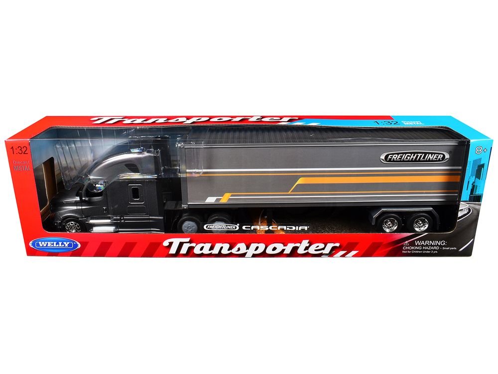 Freightliner Cascadia Truck Gray Metallic with Gray Container with Graphics "Transporter" Series 1/32 Diecast Model by Welly view 3