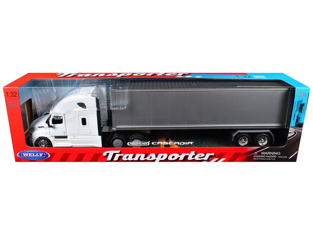 Freightliner Cascadia Truck White with Gray Container "Transporter" Series 1/32 Diecast Model by Welly view 3