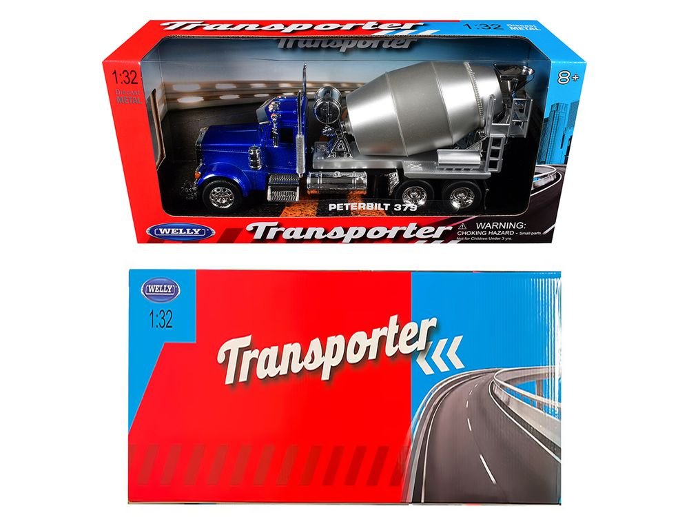 Peterbilt 379 Cement Mixer Blue Metallic with Chrome and Silver Mixer "Transporter" Series 1/32 Diecast Model by Welly view 3