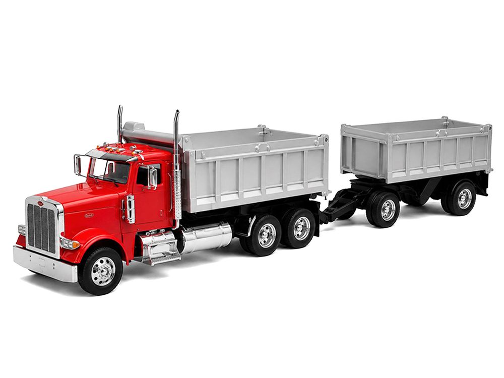 Peterbilt 379 Dump Truck Red with Gray Double Dump Trailer "Transporter" Series 1/32 Diecast Model by Welly view 2