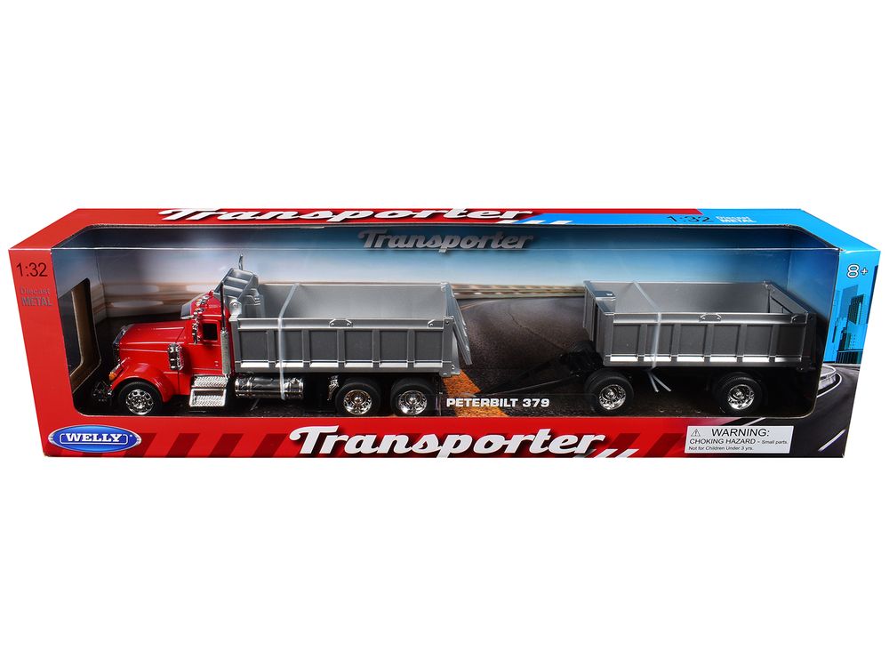 Peterbilt 379 Dump Truck Red with Gray Double Dump Trailer "Transporter" Series 1/32 Diecast Model by Welly view 3