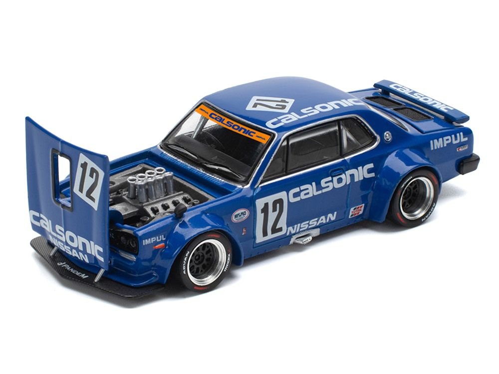 Skyline GT-R V8 Drift "Hakosuka" RHD (Right Hand Drive) #12 "Calsonic" Blue with Graphics 1/64 Diecast Model Car by Pop Race view 2