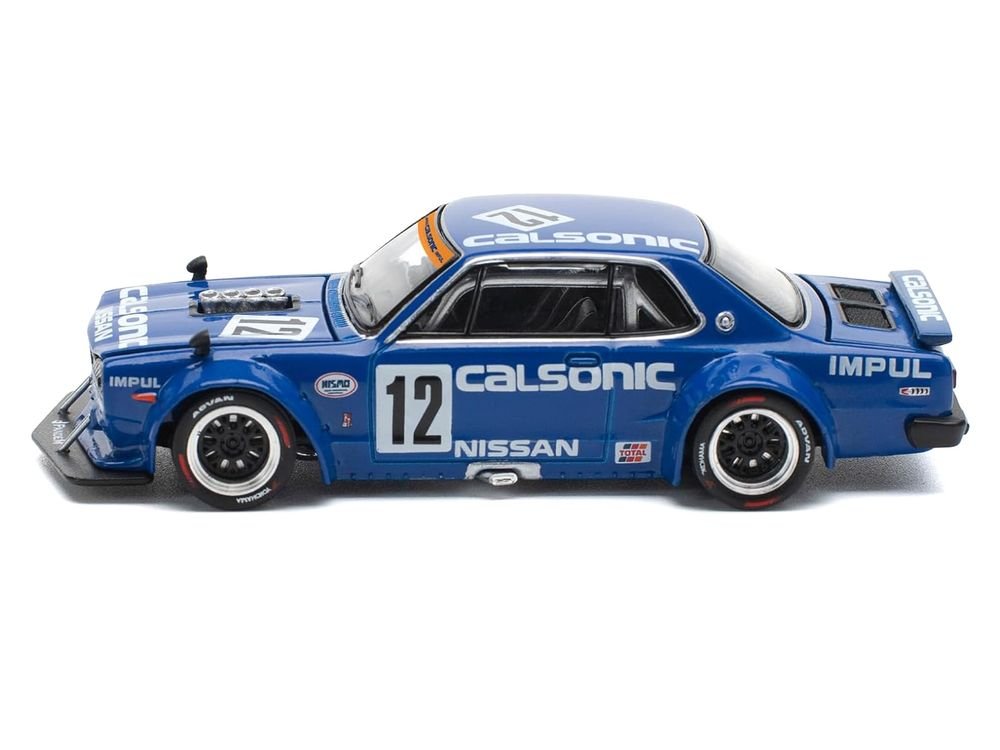 Skyline GT-R V8 Drift "Hakosuka" RHD (Right Hand Drive) #12 "Calsonic" Blue with Graphics 1/64 Diecast Model Car by Pop Race view 3