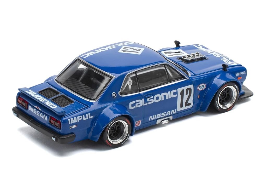 Skyline GT-R V8 Drift "Hakosuka" RHD (Right Hand Drive) #12 "Calsonic" Blue with Graphics 1/64 Diecast Model Car by Pop Race view 4