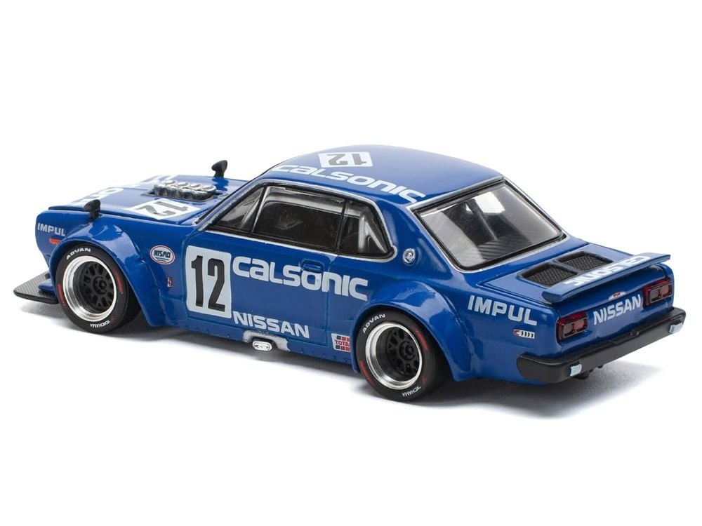 Skyline GT-R V8 Drift "Hakosuka" RHD (Right Hand Drive) #12 "Calsonic" Blue with Graphics 1/64 Diecast Model Car by Pop Race view 5