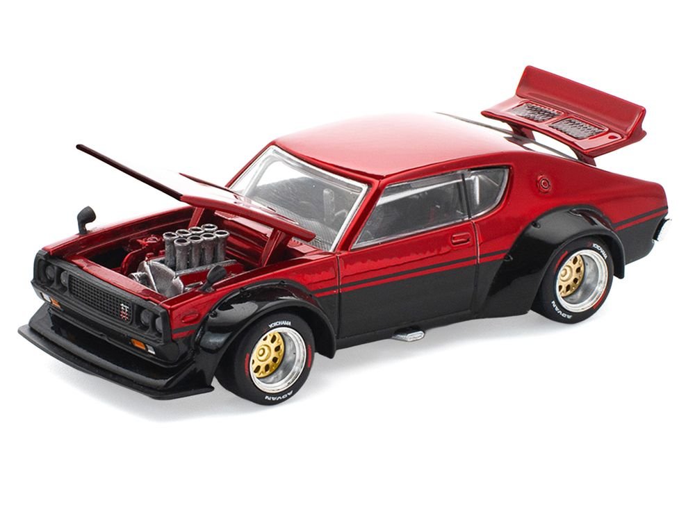 Skyline KPGC110 "Kenmeri" RHD (Right Hand Drive) Red Metallic and Black 1/64 Diecast Model Car by Pop Race view 2