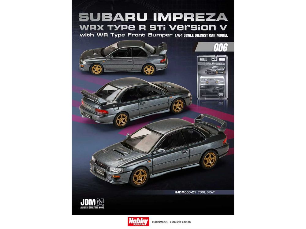 Subaru Impreza WRX Type R Sti Version V RHD (Right Hand Drive) Cool Gray Metallic "JDM64" Series 1/64 Diecast Model Car by Hobby Japan view 4
