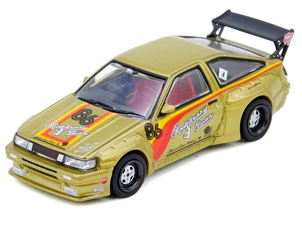 Toyota Levin (AE86) RHD (Right Hand Drive) #86 "Pandem Rocket Bunny" Gold Metallic with Stripes 1/64 Diecast Model Car by Inno Models view 2