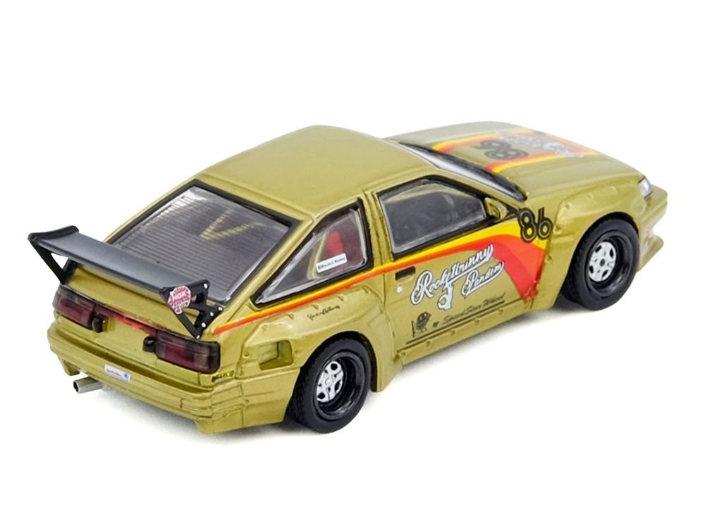 Toyota Levin (AE86) RHD (Right Hand Drive) #86 "Pandem Rocket Bunny" Gold Metallic with Stripes 1/64 Diecast Model Car by Inno Models view 3