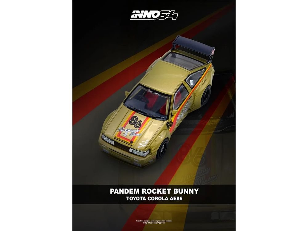 Toyota Levin (AE86) RHD (Right Hand Drive) #86 "Pandem Rocket Bunny" Gold Metallic with Stripes 1/64 Diecast Model Car by Inno Models view 4