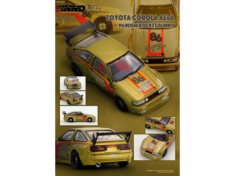 Toyota Levin (AE86) RHD (Right Hand Drive) #86 "Pandem Rocket Bunny" Gold Metallic with Stripes 1/64 Diecast Model Car by Inno Models view 5