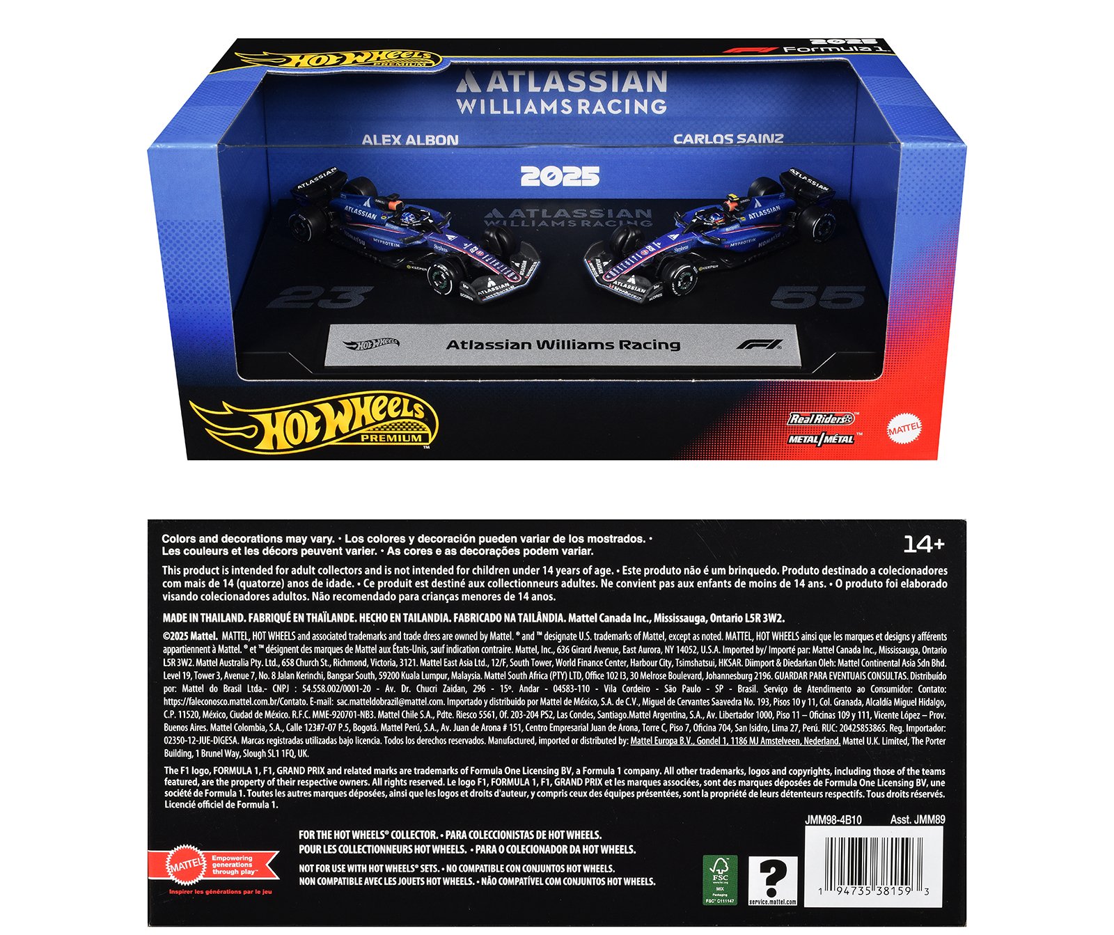 "Atlassian Williams Racing" Formula One F1 World Championship (2025) 2 Piece Set Diecast Model Cars by Hot Wheels view 3