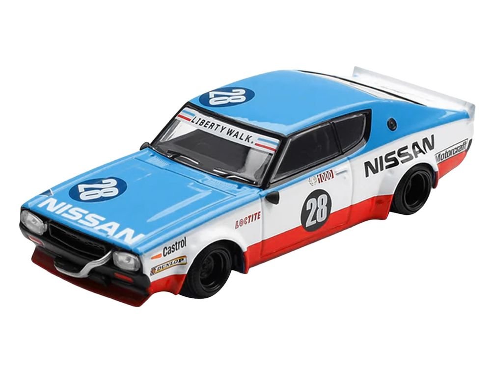 Nissan Skyline Kenmeri RHD (Right Hand Drive) #28 "Liberty Walk - Nissan Racing 1975 Concept" Blue and White with Red Stripes Limited Edition 1/64 Diecast Model Car by Mini GT view 2