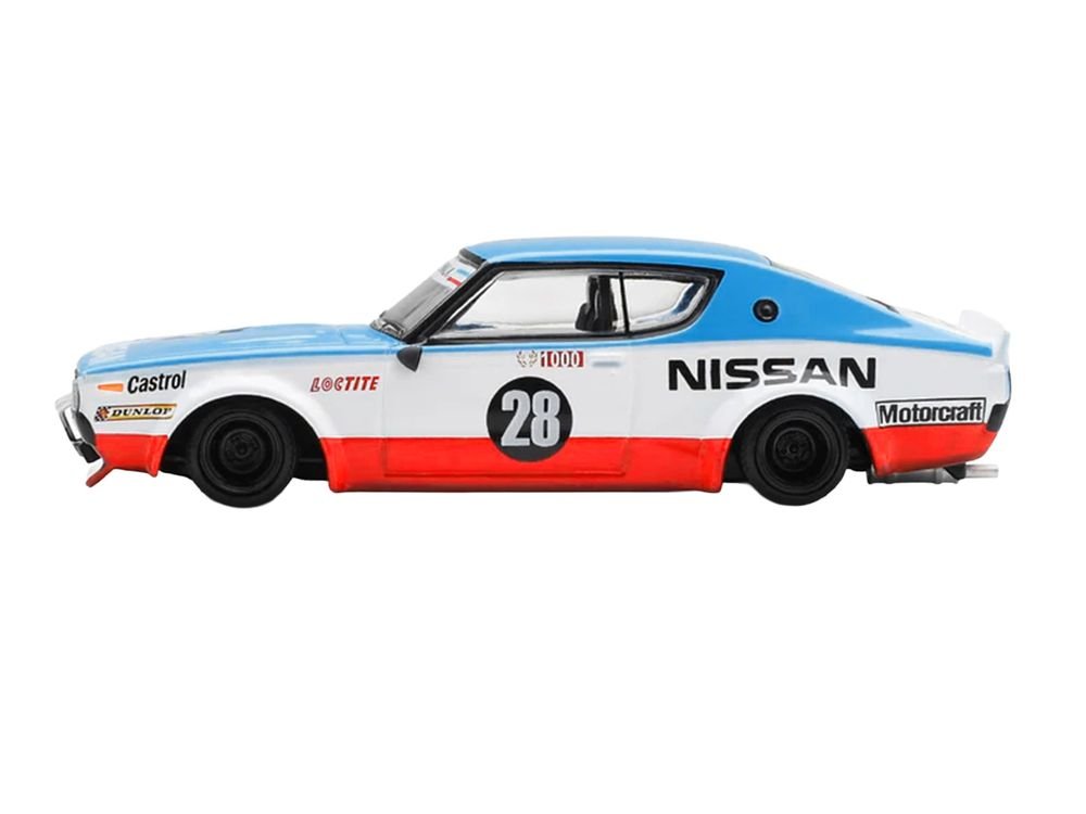 Nissan Skyline Kenmeri RHD (Right Hand Drive) #28 "Liberty Walk - Nissan Racing 1975 Concept" Blue and White with Red Stripes Limited Edition 1/64 Diecast Model Car by Mini GT view 3