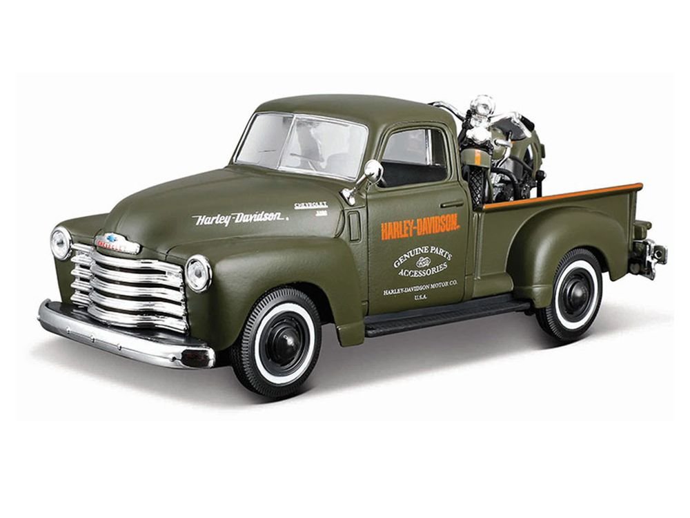 1950 Chevrolet 3100 Pickup Truck "Harley Davidson" Matt Green with 1936 Harley Davidson El Knucklehead Motorcycle Matt Green "HD Custom" Series 1/24 Diecast Model Car by Maisto view 2