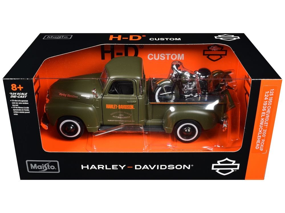 1950 Chevrolet 3100 Pickup Truck "Harley Davidson" Matt Green with 1936 Harley Davidson El Knucklehead Motorcycle Matt Green "HD Custom" Series 1/24 Diecast Model Car by Maisto view 3