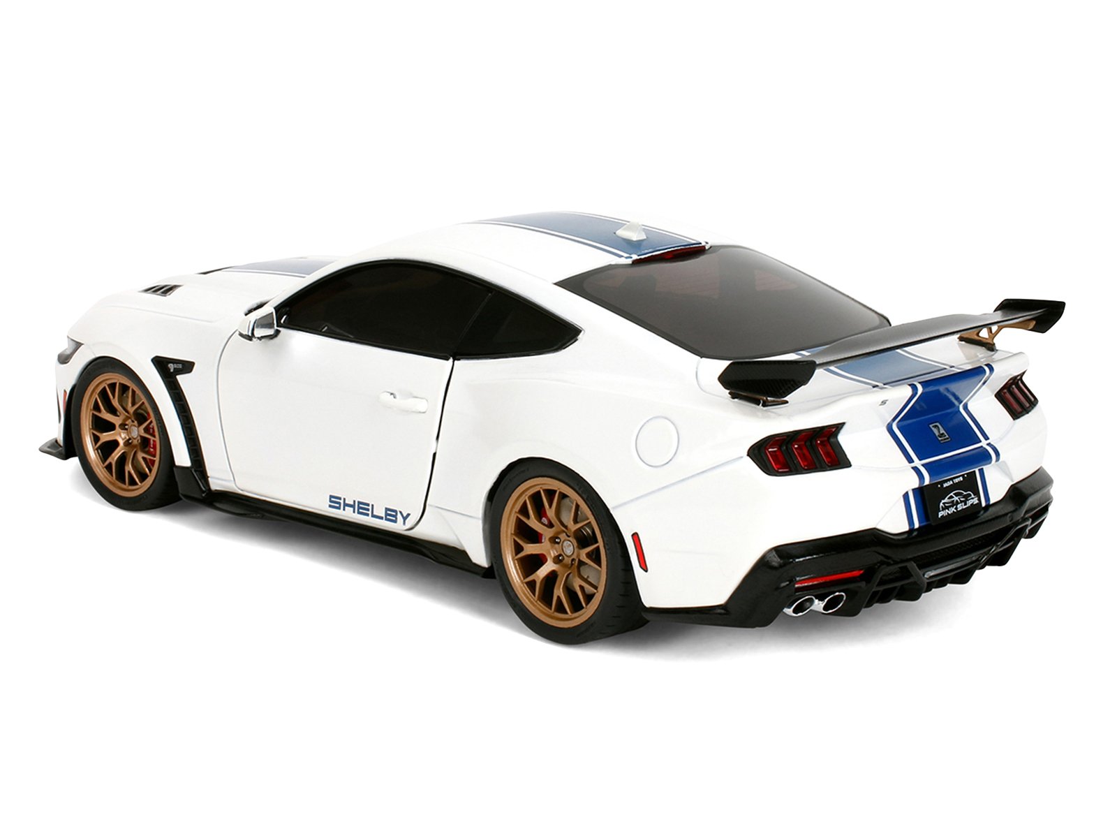 Ford Mustang Shelby Super Snake White Metallic with Blue Stripes and Gold Wheels "Pink Slips" Series 1/18 Diecast Model Car by Jada view 5