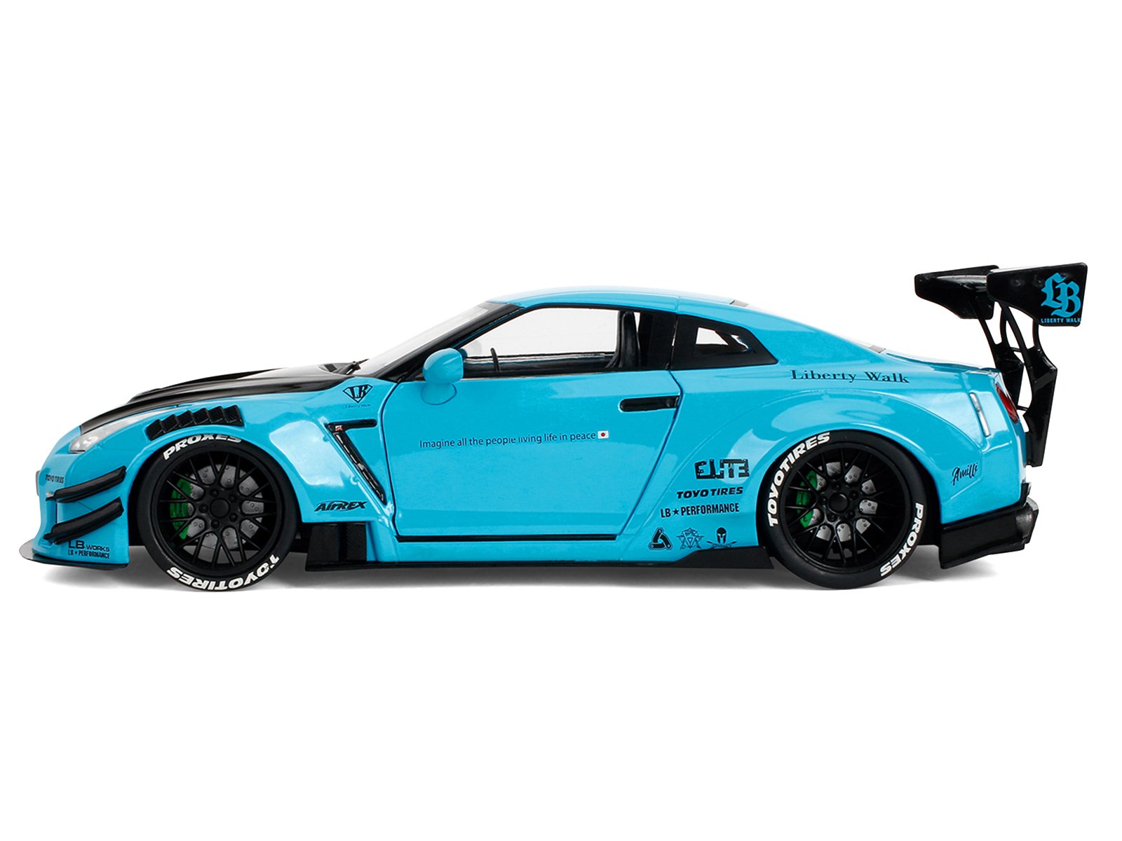 Nissan GT-R (R35) Liberty Walk Body Kit 2.0 RHD (Right Hand Drive) Blue with Black Hood "Pink Slips" Series 1/18 Diecast Model Car by Jada view 3