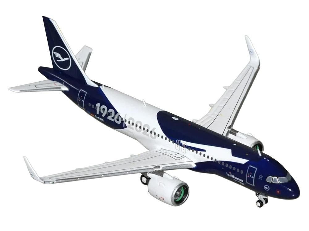 Airbus A320neo Commercial Aircraft "Lufthansa 100th Anniversary" (D-AING) White and Dark Blue 1/400 Diecast Model Airplane by GeminiJets view 2