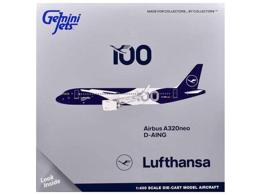 Airbus A320neo Commercial Aircraft "Lufthansa 100th Anniversary" (D-AING) White and Dark Blue 1/400 Diecast Model Airplane by GeminiJets view 3