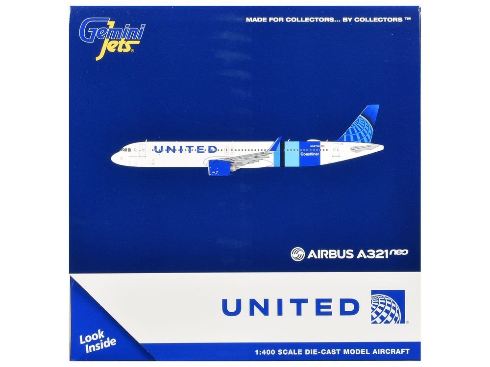 Airbus A321neo Commercial Aircraft "United Airlines Coastliner" (N94750) White with Blue Stripes and Tail 1/400 Diecast Model Airplane by GeminiJets view 3