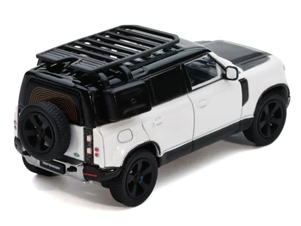 Land Rover Defender 110 White Metallic with Black Top and Roof Rack 1/64 Diecast Model Car by GCD x Enchery view 3