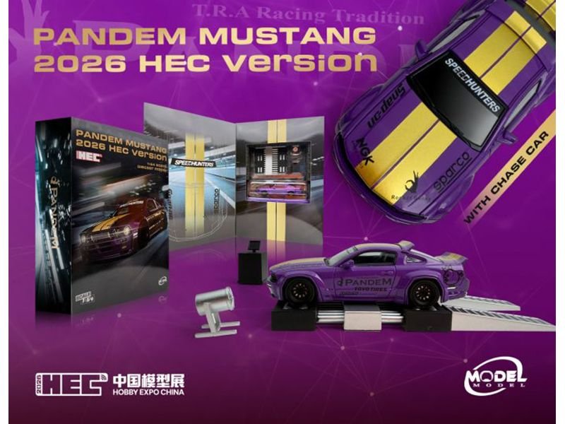 Pandem Mustang "SpeedHunters" Purple Metallic with Yellow Stripes "Hobby Expo China 2026 Event Edition" 1/64 Diecast Model Car by Model Model view 2