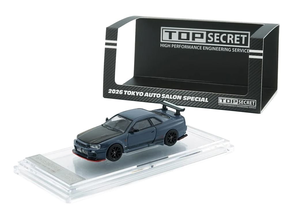 Nissan "Top Secret" Skyline GT-R (BNR34) RHD (Right Hand Drive) Stealth Gray with Carbon Hood "Tokyo Auto Salon 2026" 1/64 Diecast Model Car by BM Creations view 5
