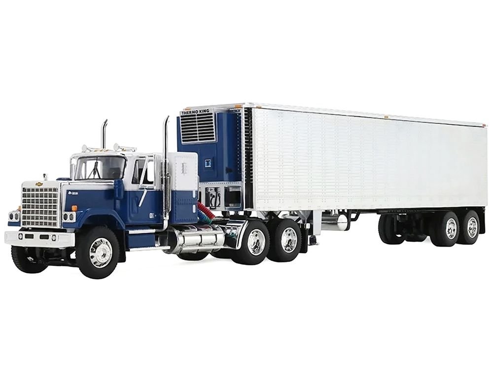 Chevrolet Bison with 34" Flat Top Sleeper & 40' Vintage Trailer with Reefer Blue and White 1/64 Diecast Model by DCP/First Gear view 2