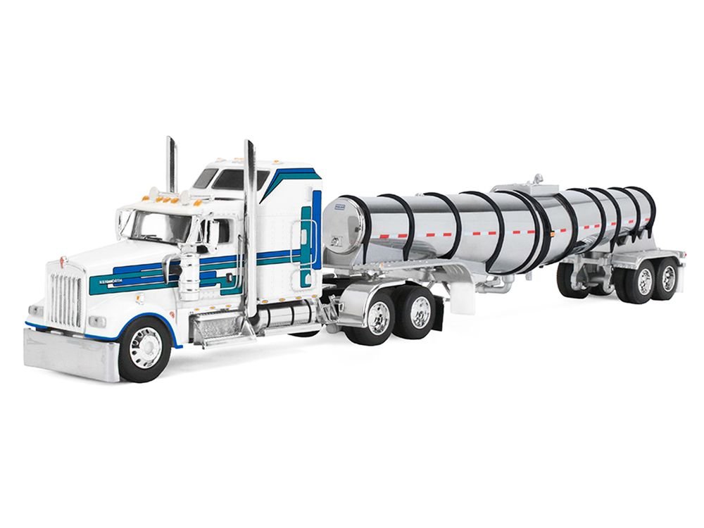 Kenworth W900L with 60" Aerodyne Sleeper and Polar Deep Drop Trailer White with Blue and Green Stripes 1/64 Diecast Model by DCP/First Gear view 2