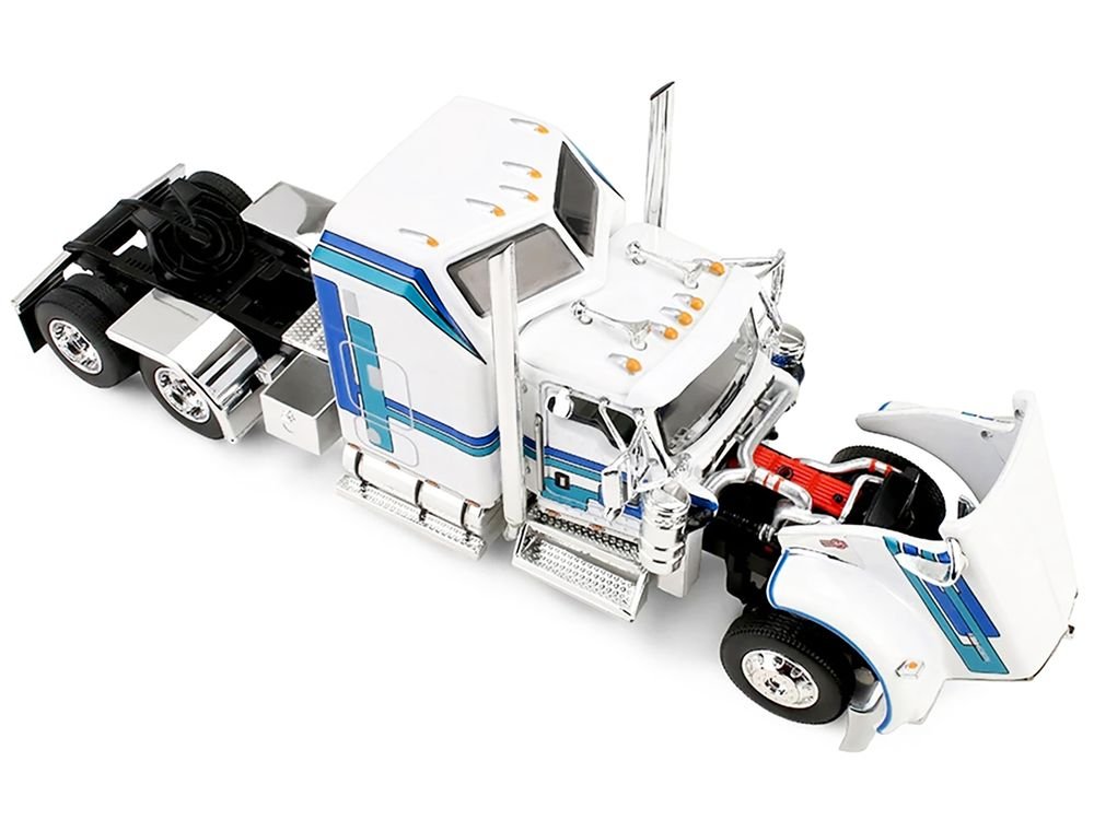 Kenworth W900L with 60" Aerodyne Sleeper and Polar Deep Drop Trailer White with Blue and Green Stripes 1/64 Diecast Model by DCP/First Gear view 3