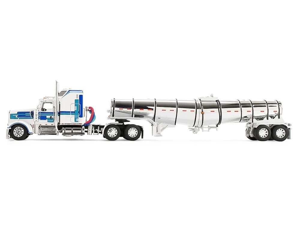 Kenworth W900L with 60" Aerodyne Sleeper and Polar Deep Drop Trailer White with Blue and Green Stripes 1/64 Diecast Model by DCP/First Gear view 4