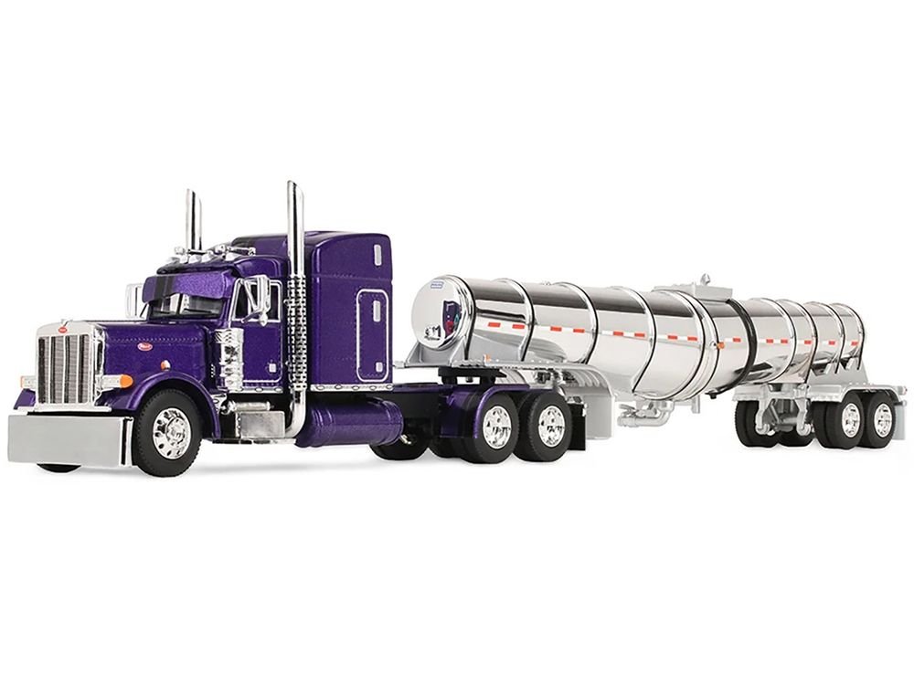 Peterbilt 379 with 63" Mid-Roof Sleeper and Polar Deep Drop Trailer Wild Orchid Purple with Black Stripes 1/64 Diecast Model by DCP/First Gear view 2
