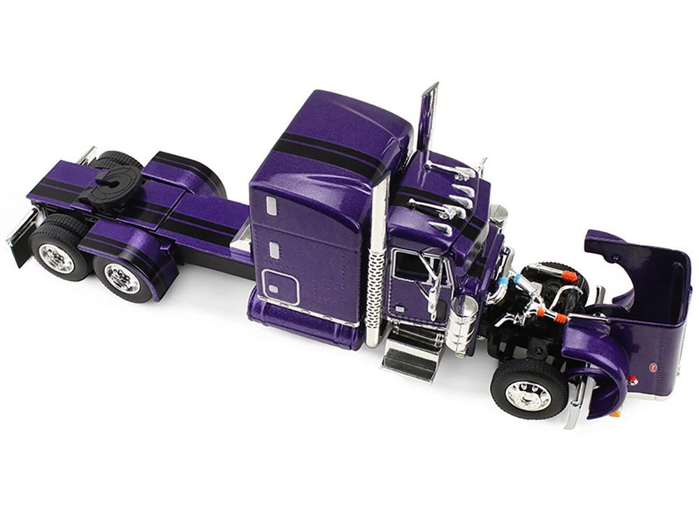 Peterbilt 379 with 63" Mid-Roof Sleeper and Polar Deep Drop Trailer Wild Orchid Purple with Black Stripes 1/64 Diecast Model by DCP/First Gear view 3