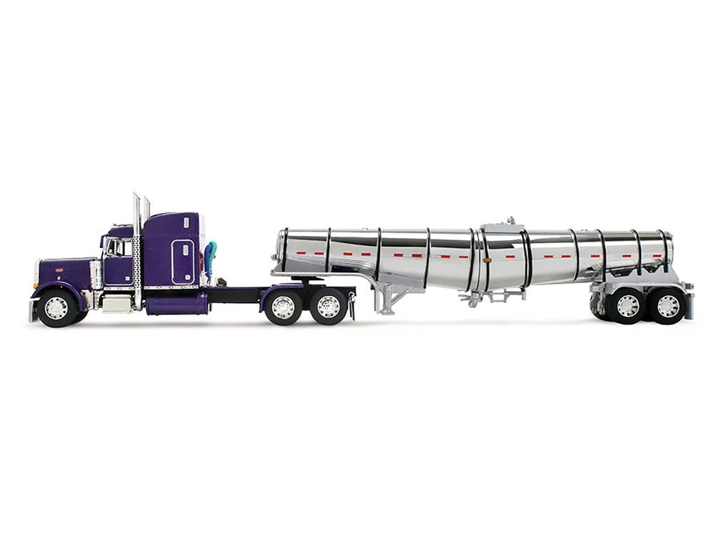 Peterbilt 379 with 63" Mid-Roof Sleeper and Polar Deep Drop Trailer Wild Orchid Purple with Black Stripes 1/64 Diecast Model by DCP/First Gear view 4
