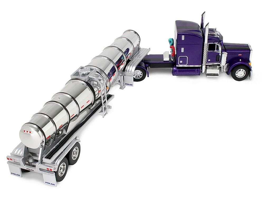 Peterbilt 379 with 63" Mid-Roof Sleeper and Polar Deep Drop Trailer Wild Orchid Purple with Black Stripes 1/64 Diecast Model by DCP/First Gear view 5