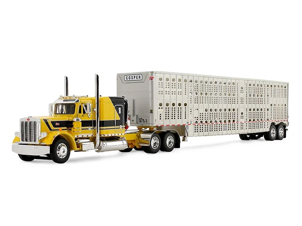 Peterbilt 359 with 63" Flat Top Sleeper & Wilson Silverstar Livestock Trailer "Red's Favorites - Hank Cosper" Yellow with Black Stripes 1/64 Diecast Model by DCP/First Gear view 2