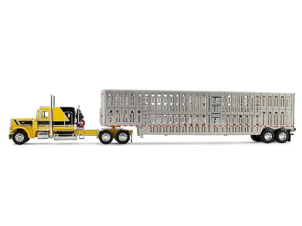 Peterbilt 359 with 63" Flat Top Sleeper & Wilson Silverstar Livestock Trailer "Red's Favorites - Hank Cosper" Yellow with Black Stripes 1/64 Diecast Model by DCP/First Gear view 3
