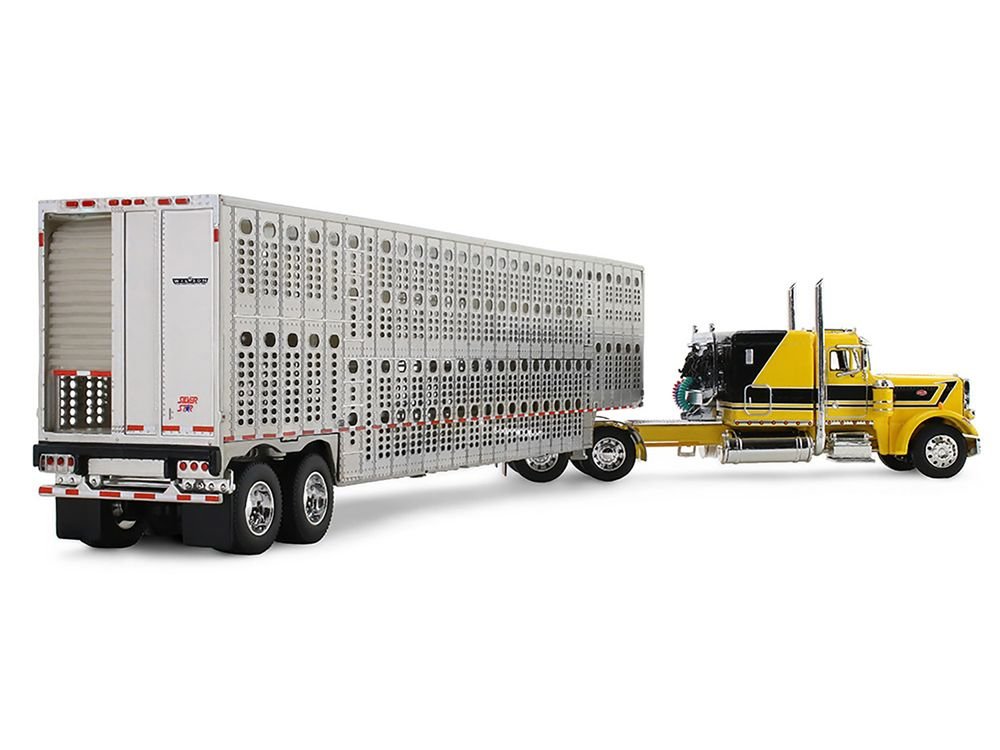 Peterbilt 359 with 63" Flat Top Sleeper & Wilson Silverstar Livestock Trailer "Red's Favorites - Hank Cosper" Yellow with Black Stripes 1/64 Diecast Model by DCP/First Gear view 4