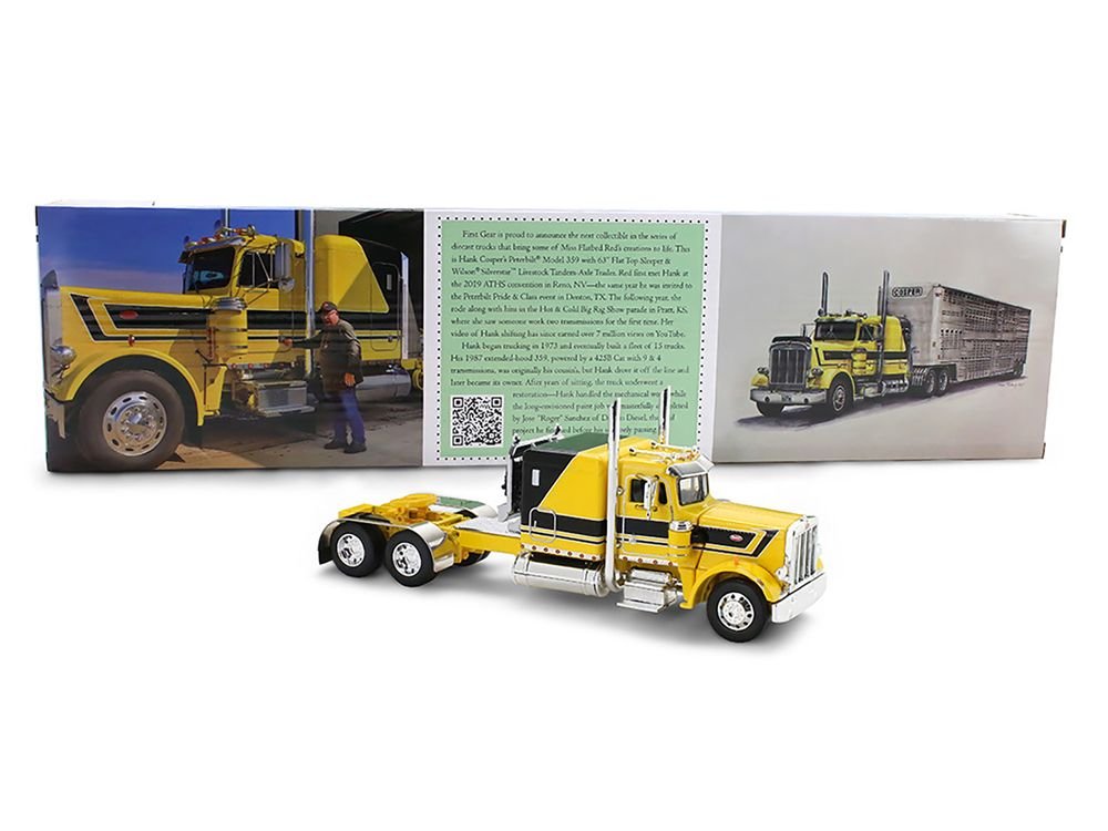 Peterbilt 359 with 63" Flat Top Sleeper & Wilson Silverstar Livestock Trailer "Red's Favorites - Hank Cosper" Yellow with Black Stripes 1/64 Diecast Model by DCP/First Gear view 5