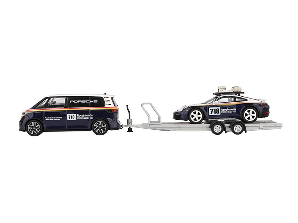 Porsche 911 Dakar #718 Blue and White with Roof Rack and Volkswagen ID. Buzz Blue and White with Flatbed Trailer "Porsche Centrum Gelderland Roughroads" Set of 3 pieces Limited Edition 1/64 Diecast Model Car by Mini GT view 2