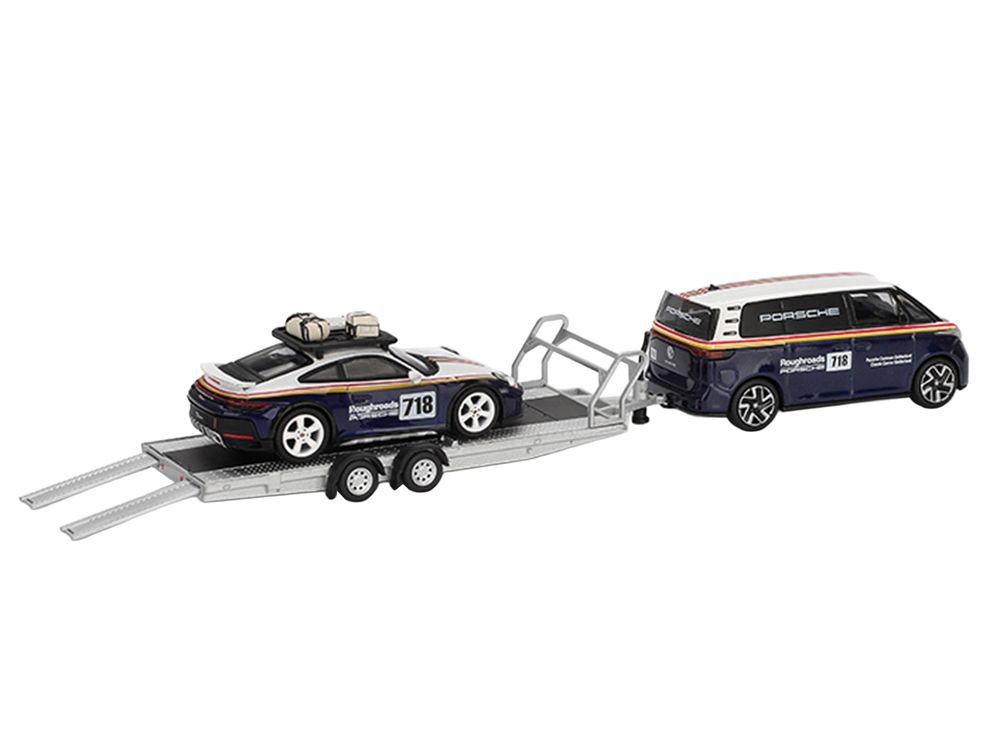 Porsche 911 Dakar #718 Blue and White with Roof Rack and Volkswagen ID. Buzz Blue and White with Flatbed Trailer "Porsche Centrum Gelderland Roughroads" Set of 3 pieces Limited Edition 1/64 Diecast Model Car by Mini GT view 3