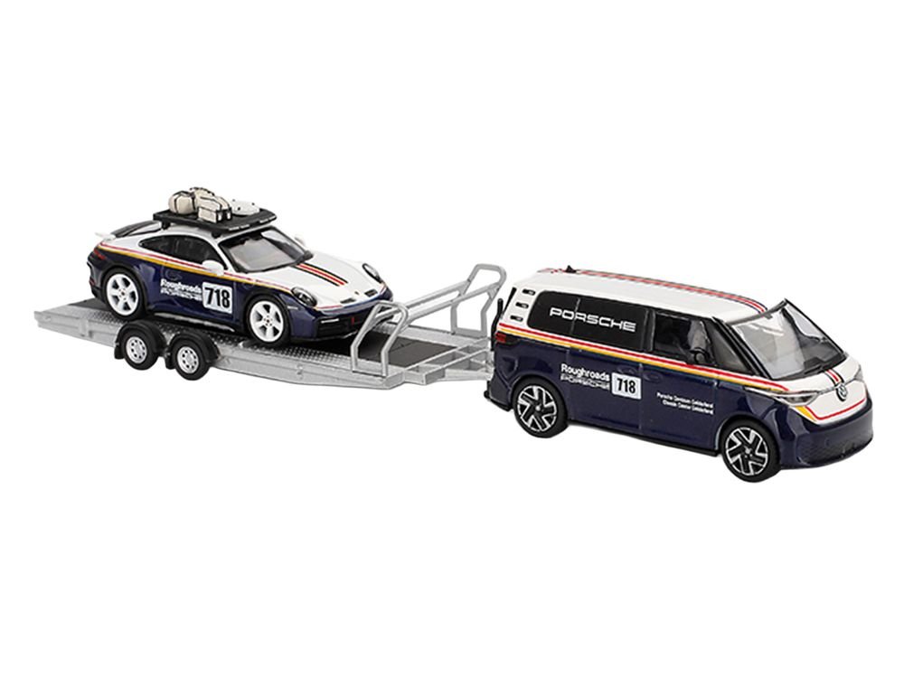Porsche 911 Dakar #718 Blue and White with Roof Rack and Volkswagen ID. Buzz Blue and White with Flatbed Trailer "Porsche Centrum Gelderland Roughroads" Set of 3 pieces Limited Edition 1/64 Diecast Model Car by Mini GT view 4