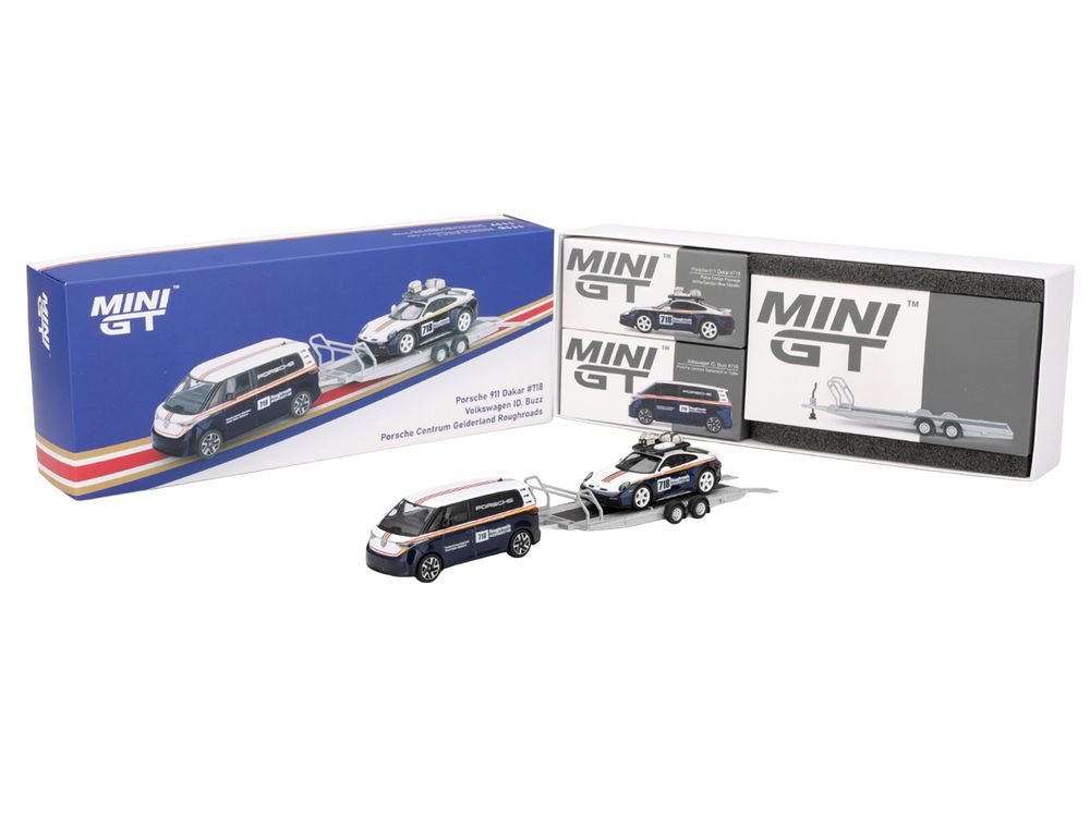 Porsche 911 Dakar #718 Blue and White with Roof Rack and Volkswagen ID. Buzz Blue and White with Flatbed Trailer "Porsche Centrum Gelderland Roughroads" Set of 3 pieces Limited Edition 1/64 Diecast Model Car by Mini GT view 5